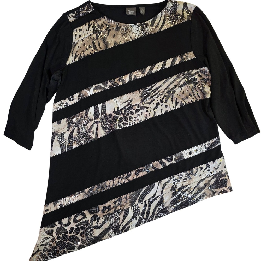CHICO'S Travelers‎ Size 3 XL Black Animal Print Sequin Asymmetrical Tunic